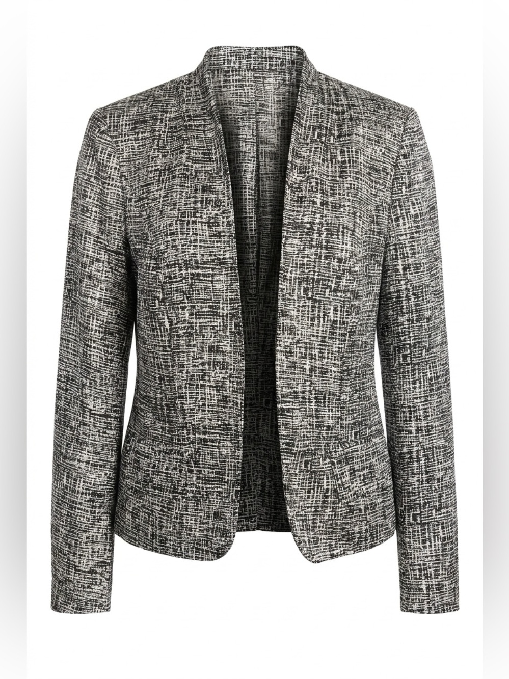 Jones New York Black & White Textured Silk Blend Open-Front Blazer